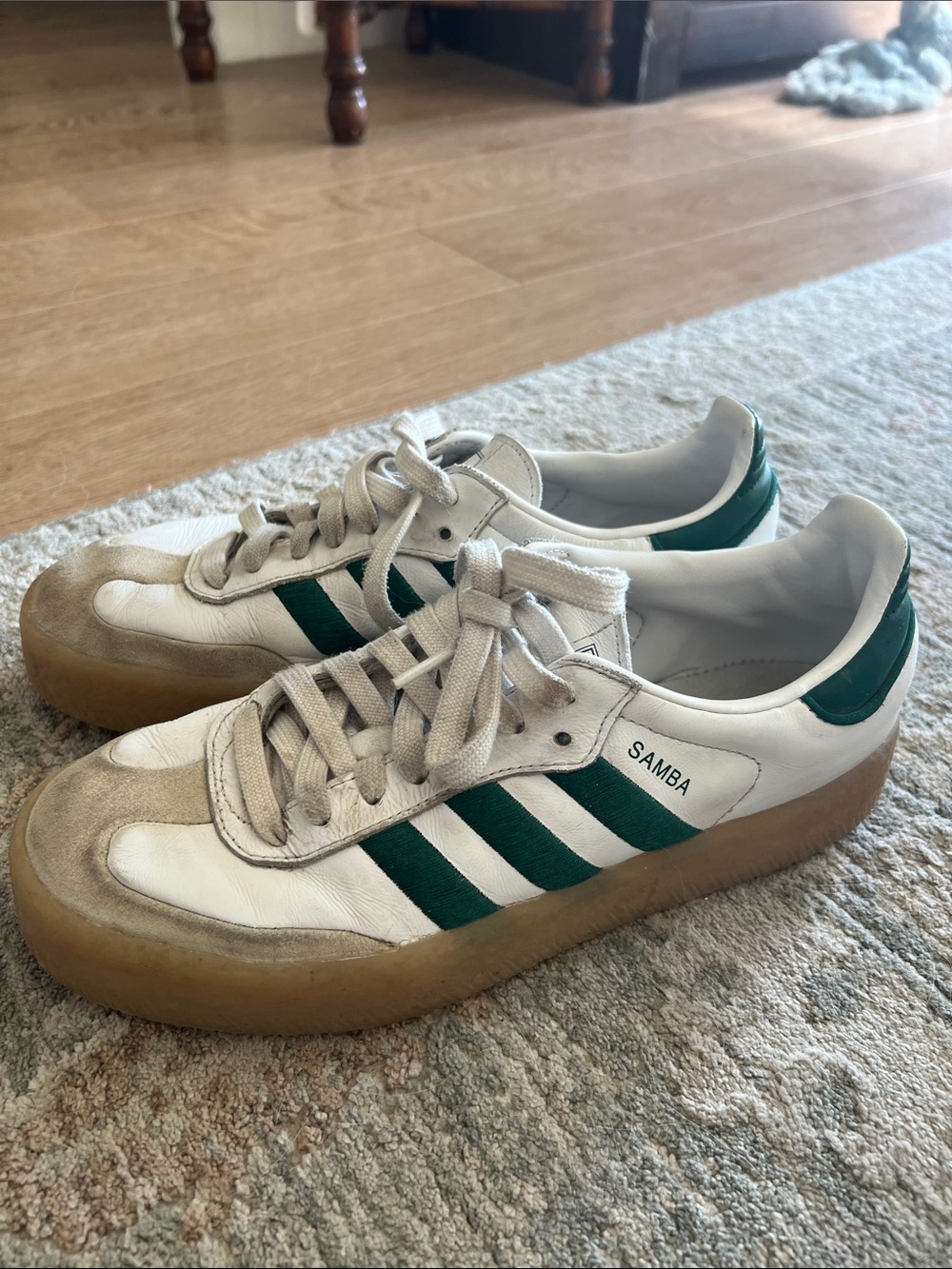 adidas Sambae Sneakers in White & Green with Gum Sole